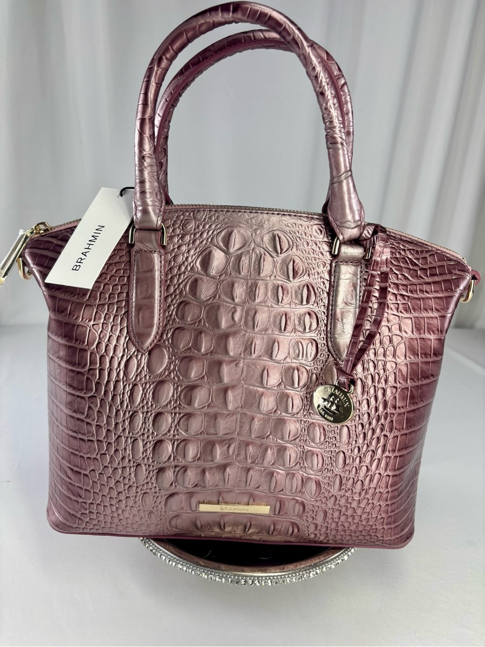 Brahmin Rare Custom Sample Metallic Rose Croc Leather Satchel NWT